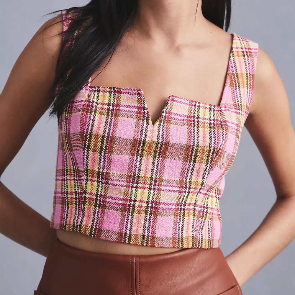 NWT Anthropologie Maeve Structured Plaid Corset Crop Top in Pink Combo - Size 8